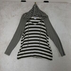 Cabi Women Olive Green Oatmeal Striped V-Neck Raglan Hoodie Top Small Nautical